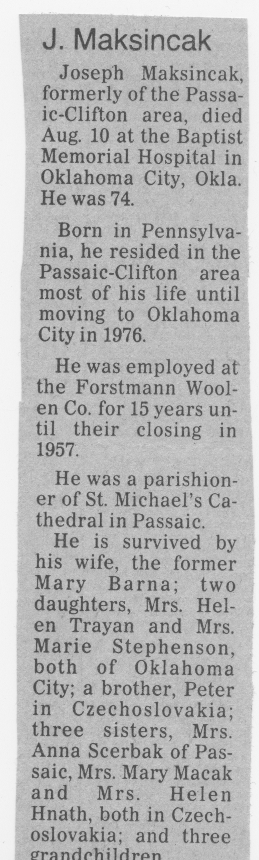 Obituary Joseph Maksincak